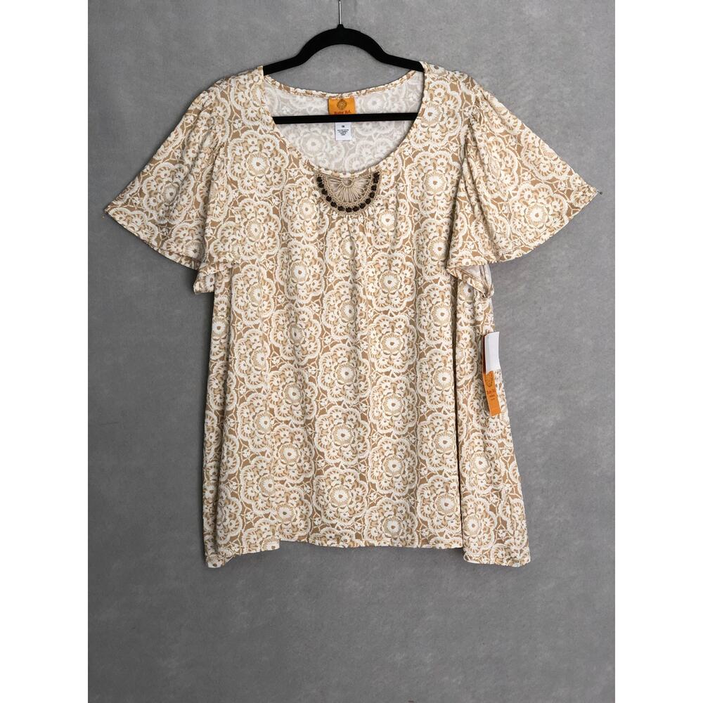 Ruby Rd. Floral Damask Top Flutter Sleeve Tan and White Women's 1X NEW